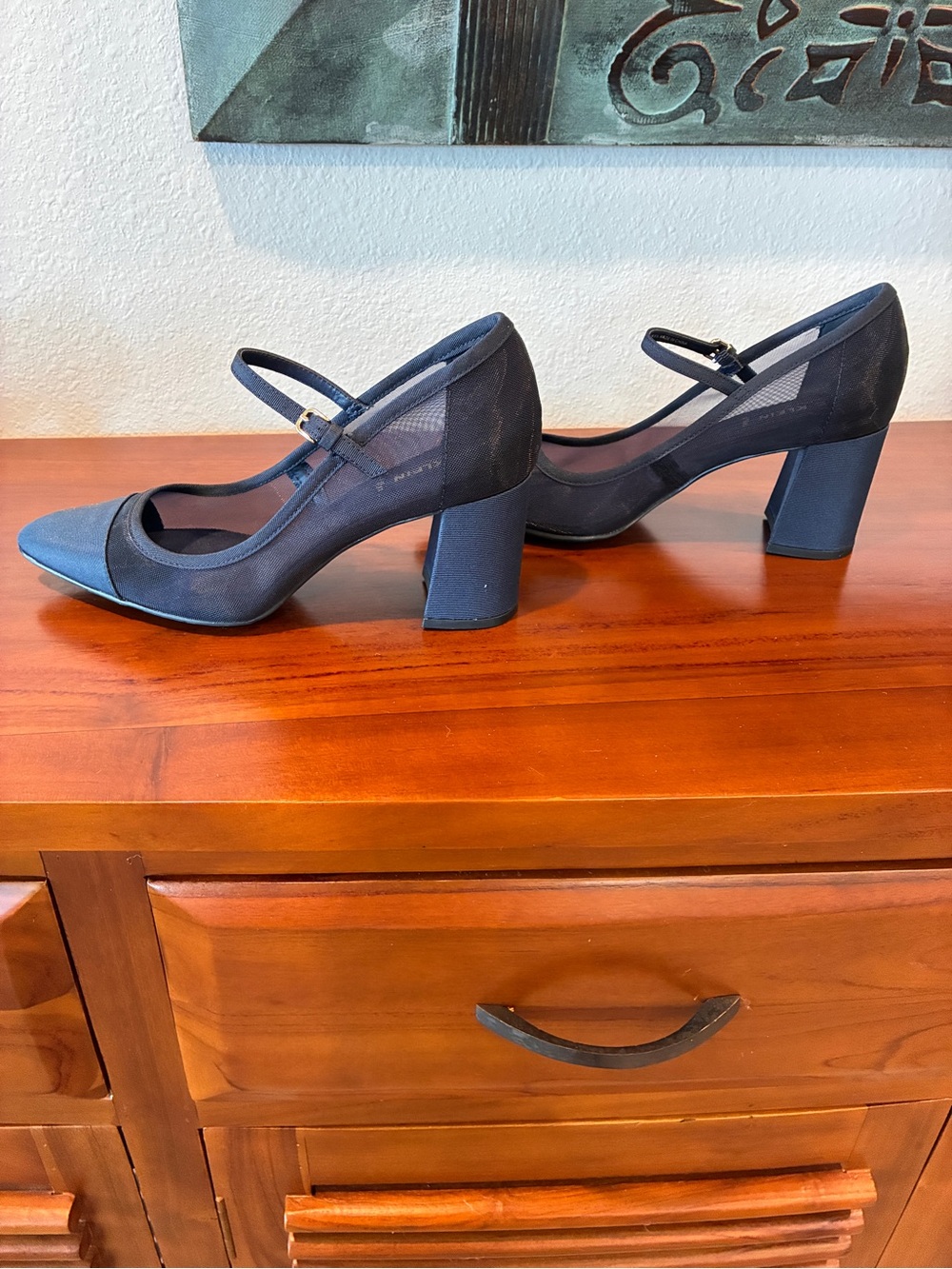 Anne Klein Mesh / Silk Navy Blue Mary Jane Block Heel Pumps
